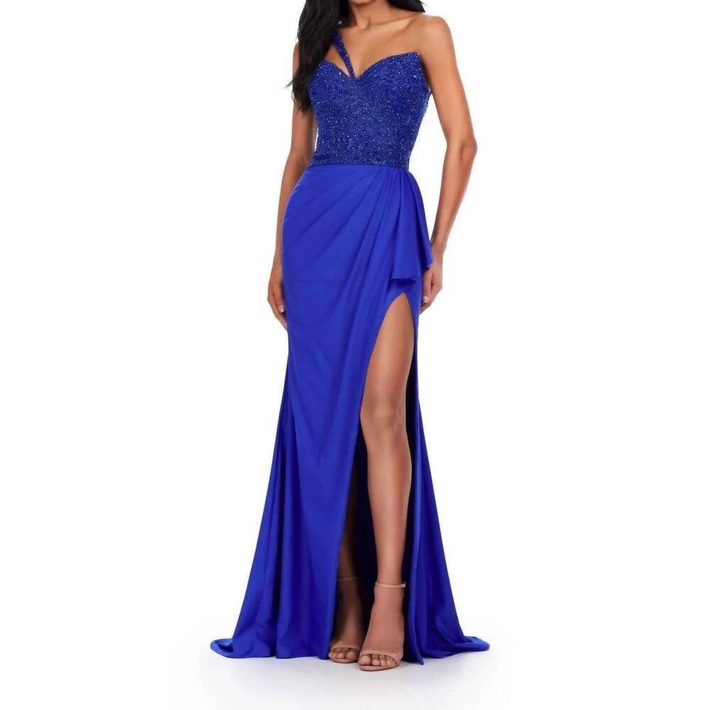 Strapless Royal Blue Beaded Prom Gown with Side Slit
